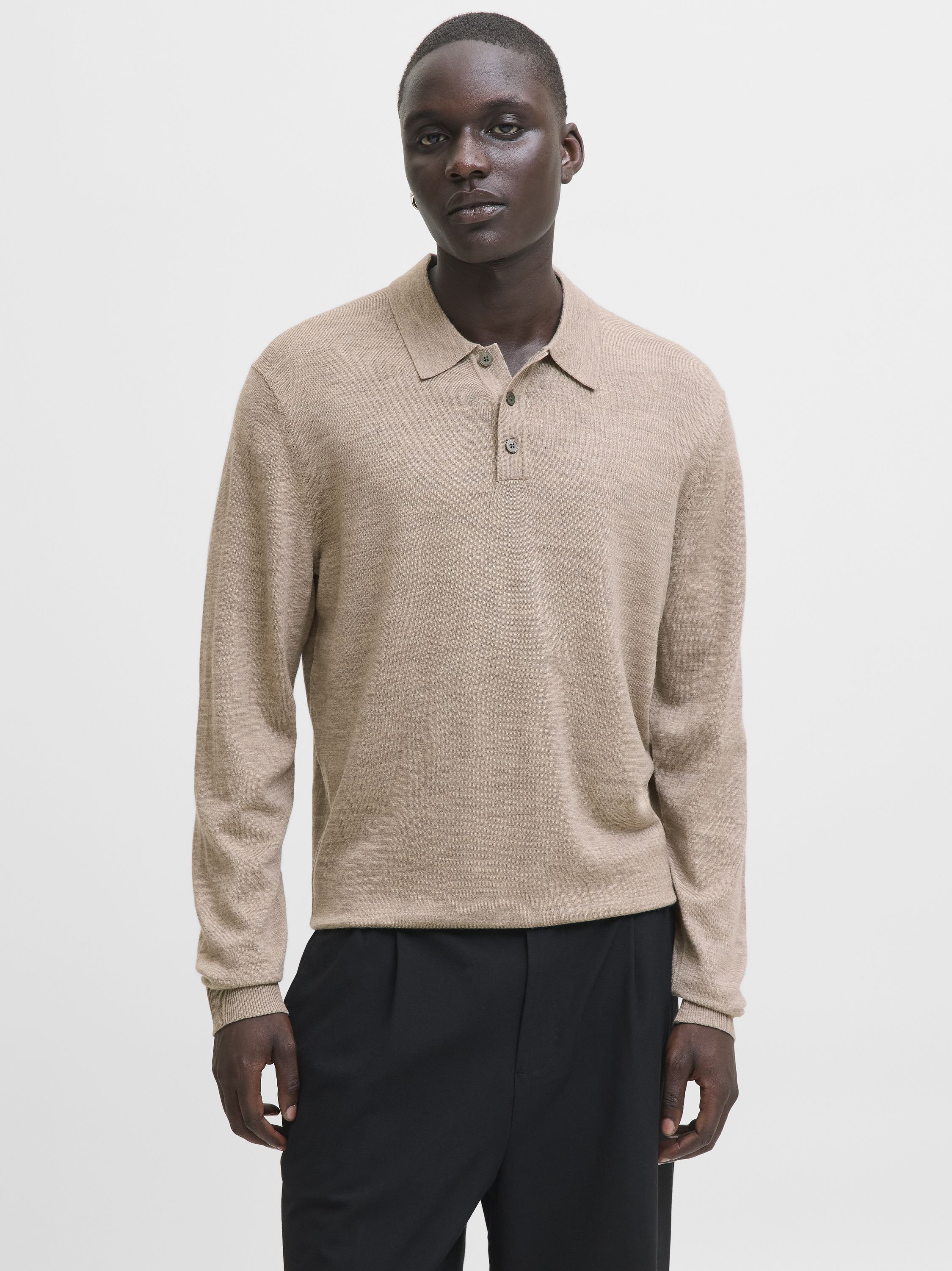 Poloshirt aus Merinowolle - Greige/Melange - Beige