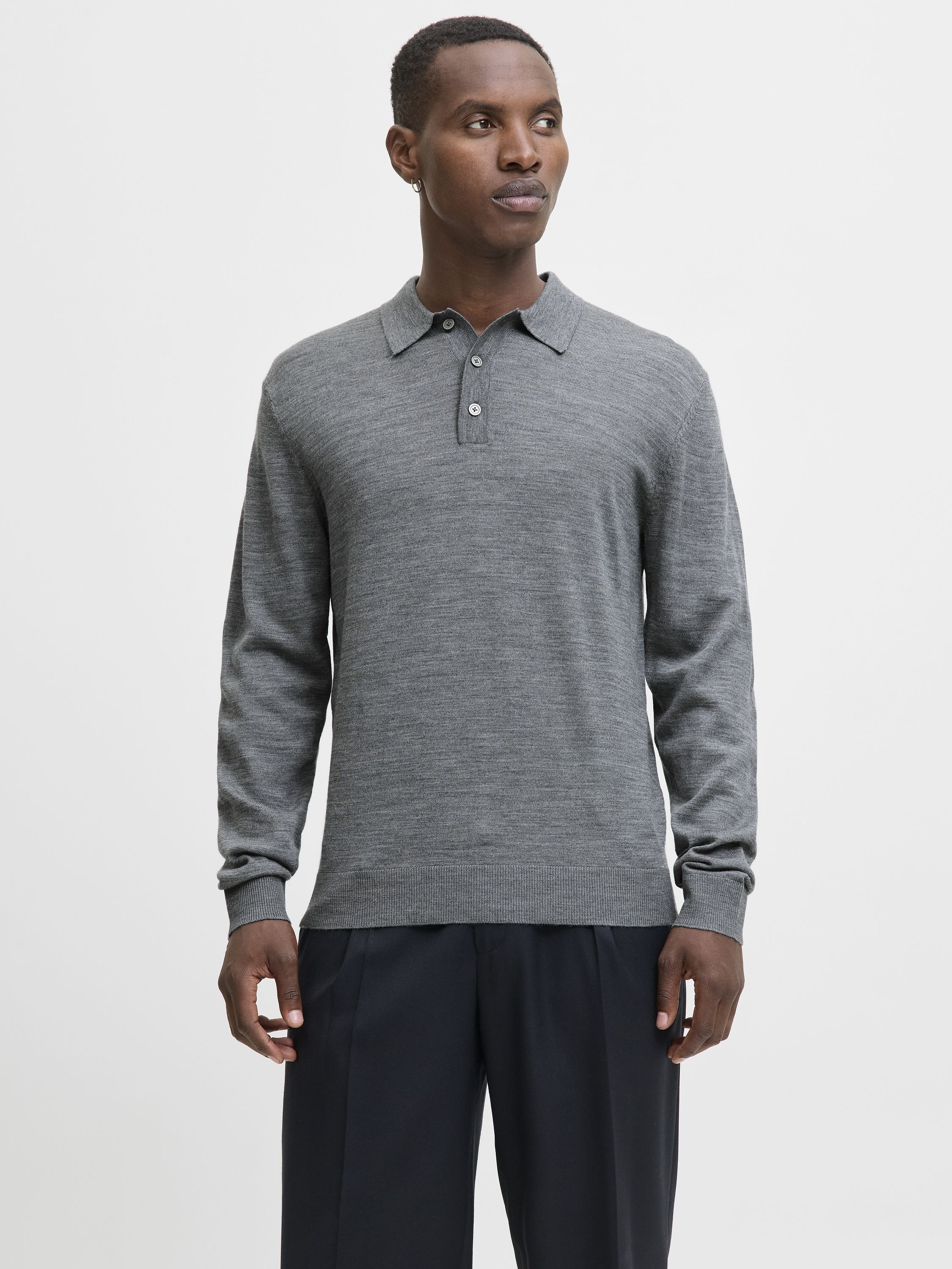 Poloshirt aus Merinowolle - Medium Grey Melange - Grau
