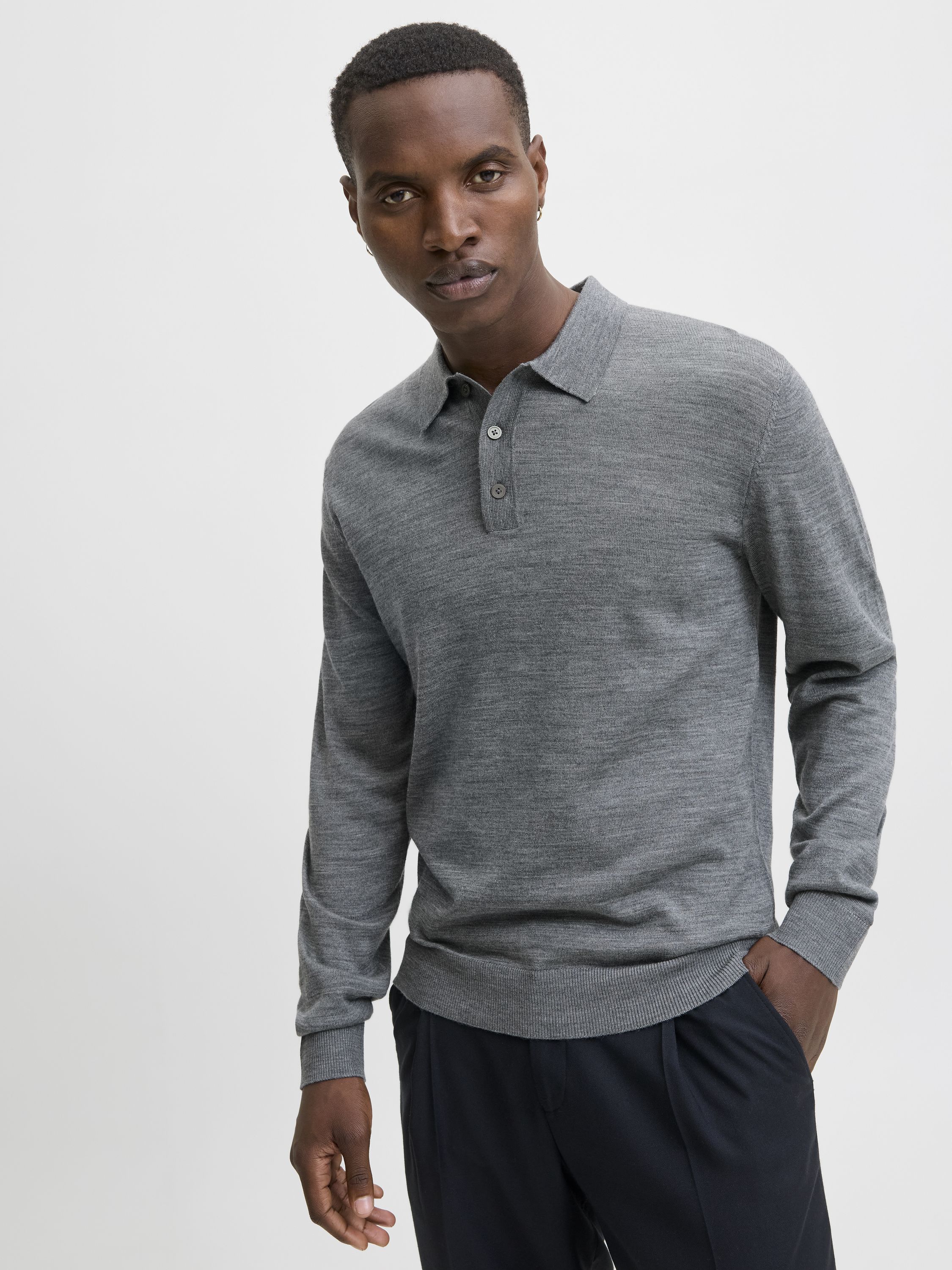 Poloshirt aus Merinowolle - Medium Grey Melange - Grau