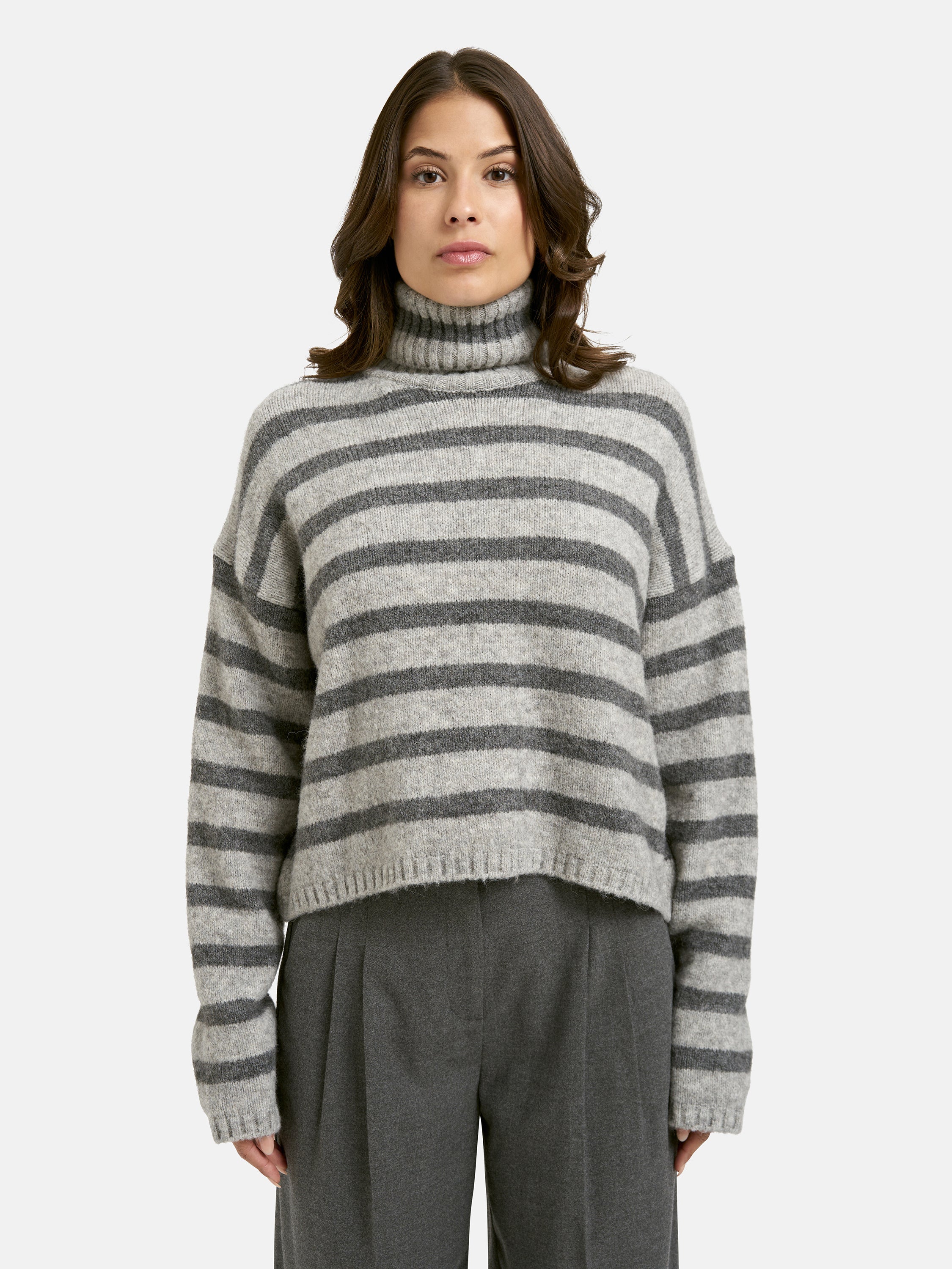 Strickpullover gestreift mit Rollkragen - 1810 - Grau