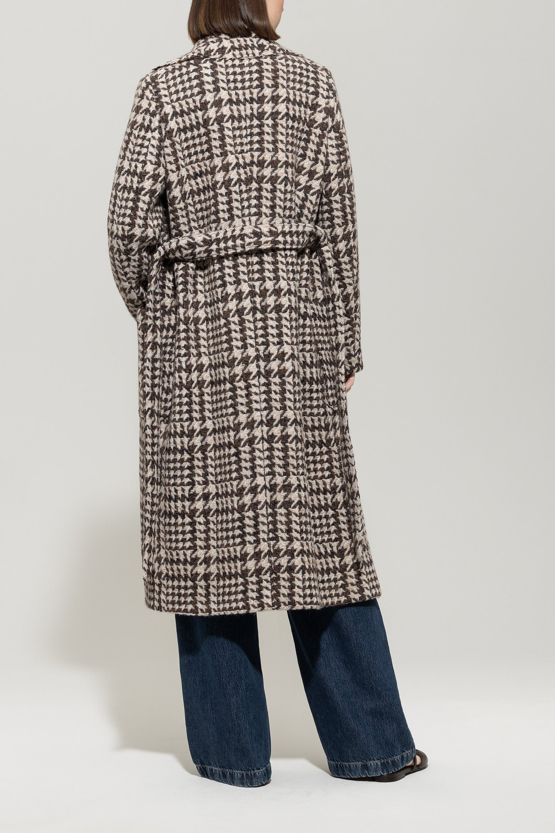 Glencheck-Mantel mit Gürtel - 7801 - Beige