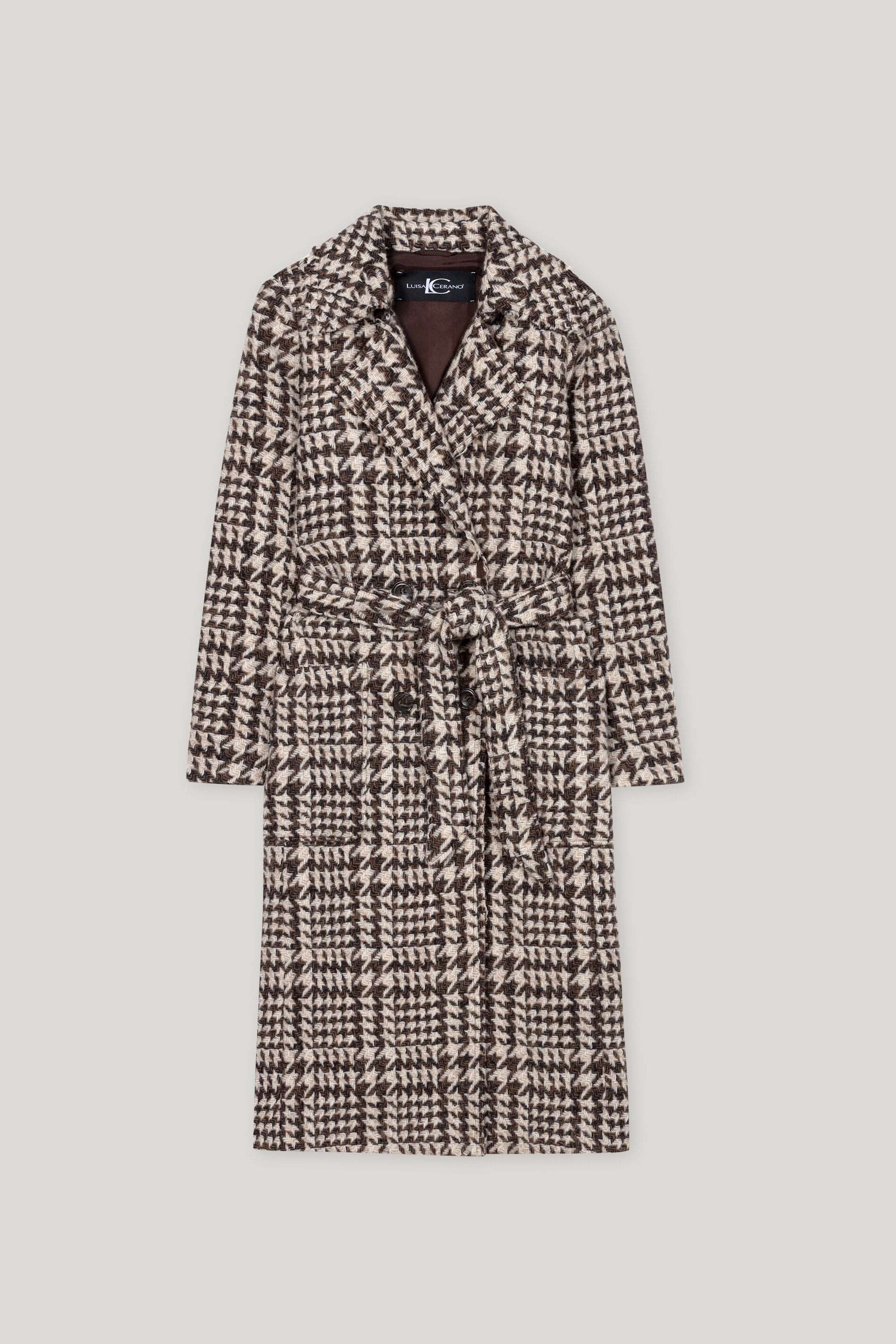 Glencheck-Mantel mit Gürtel - 7801 - Beige