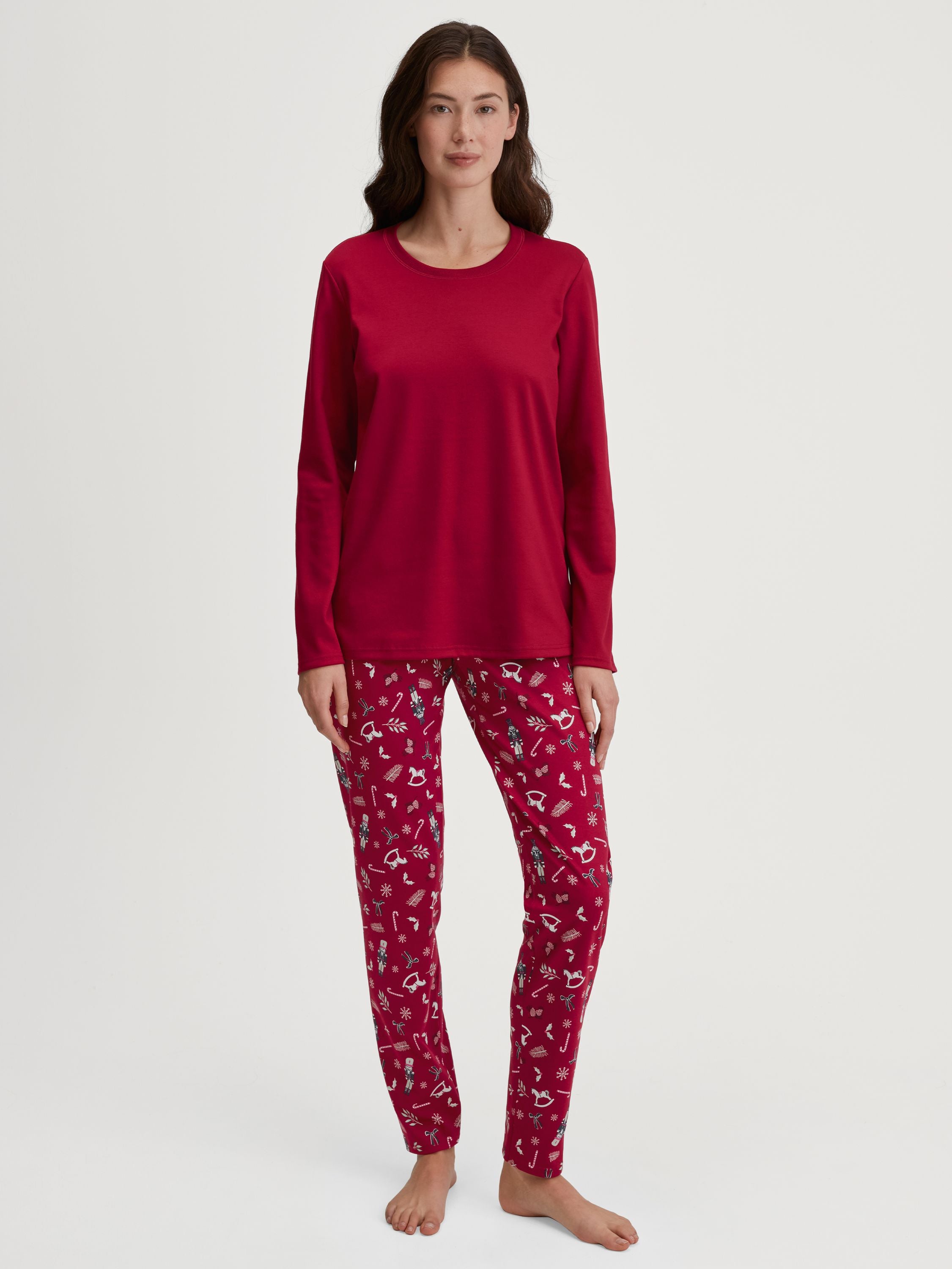 Pyjama lang aus Baumwolle - 732-deep red - Rot