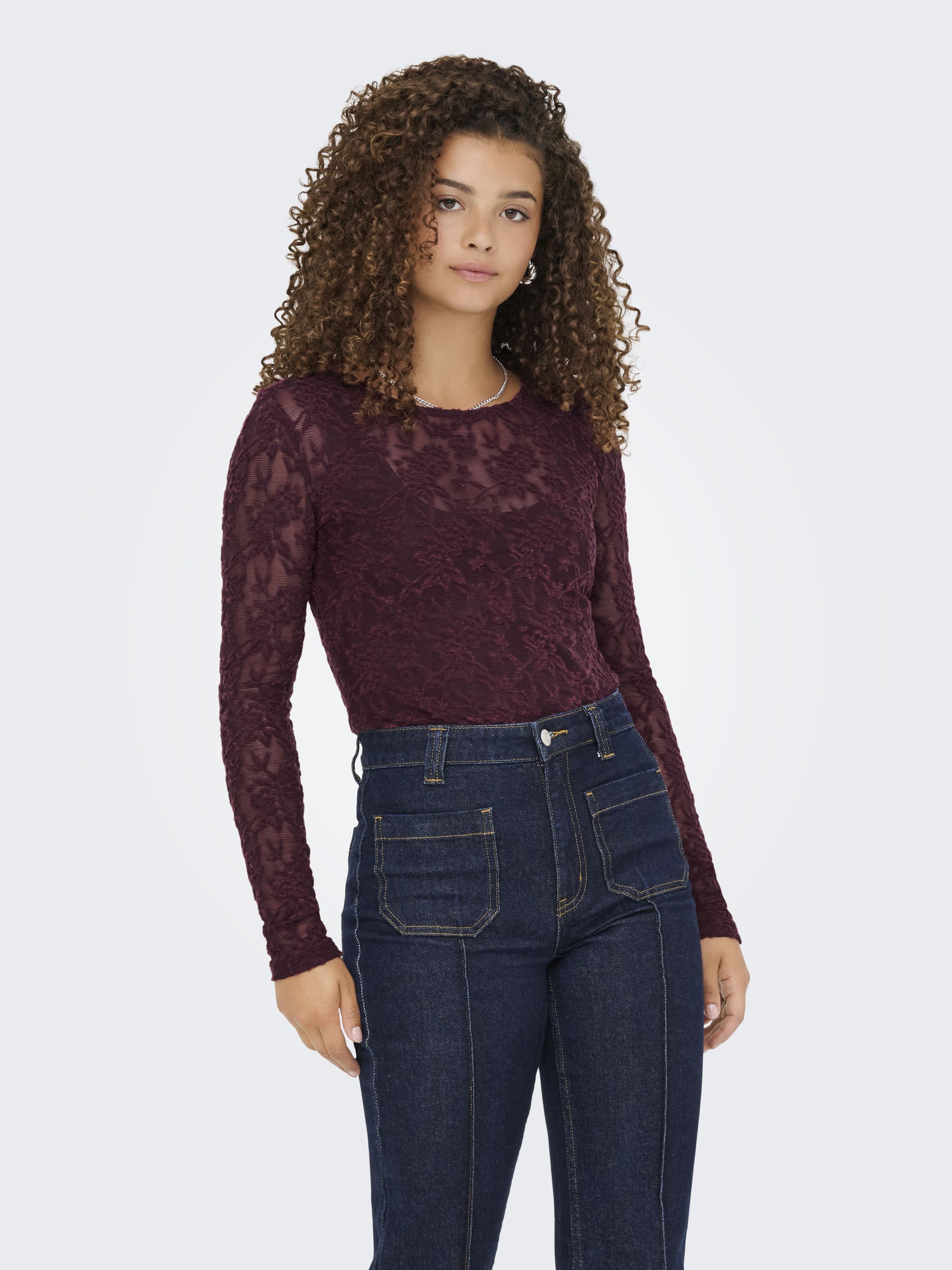 Langarmshirt mit Spitzen-Details - Mauve Wine - Violett