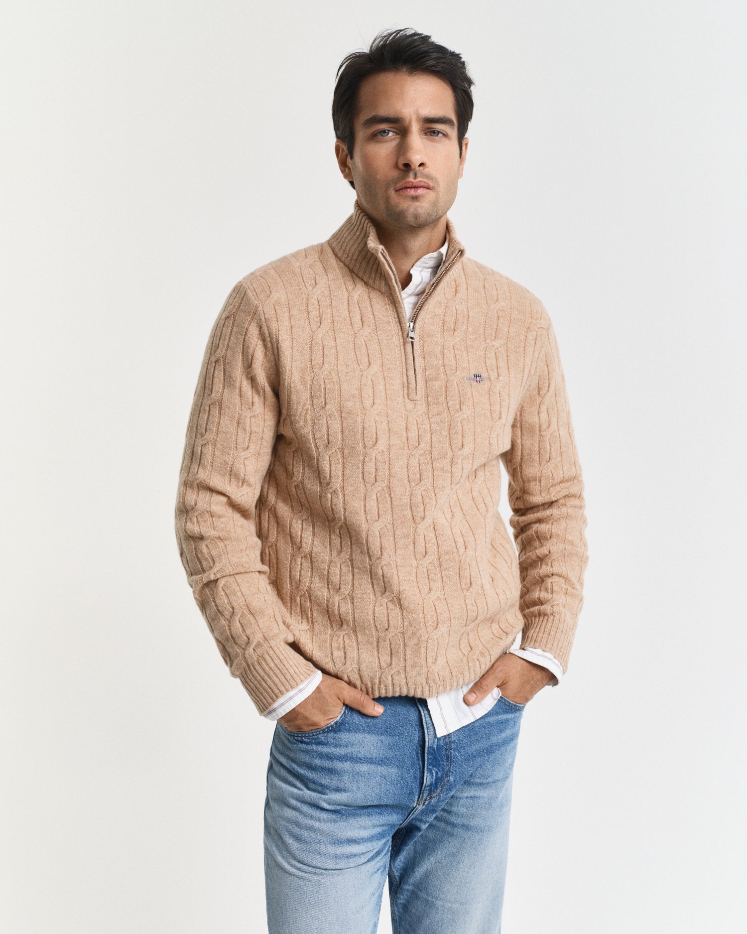 Strickpullover mit Troyerkragen - 296-KHAKI MEL - Braun