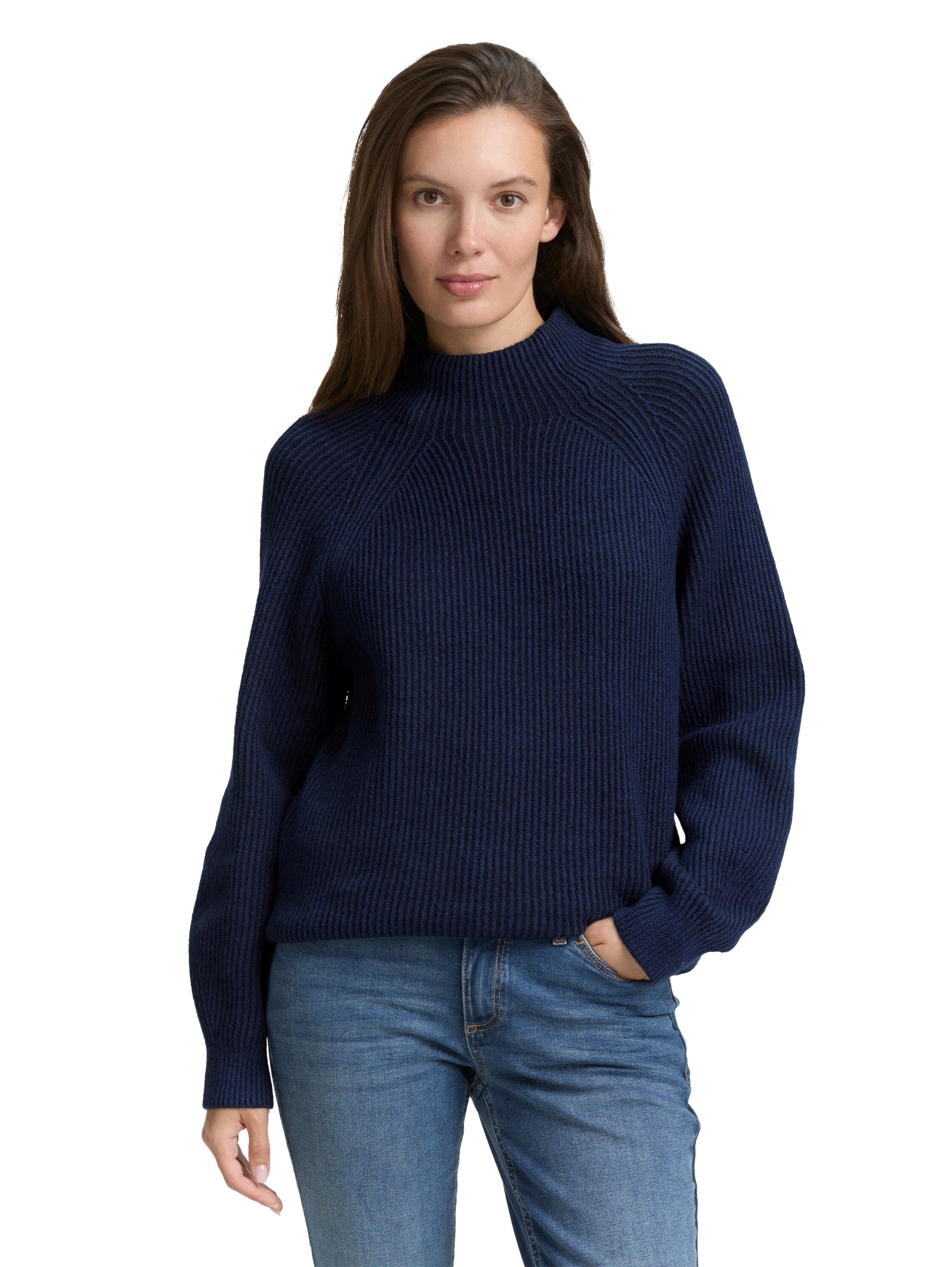 Strickpullover aus Baumwollmix - 39335-blue rib structure - Blau
