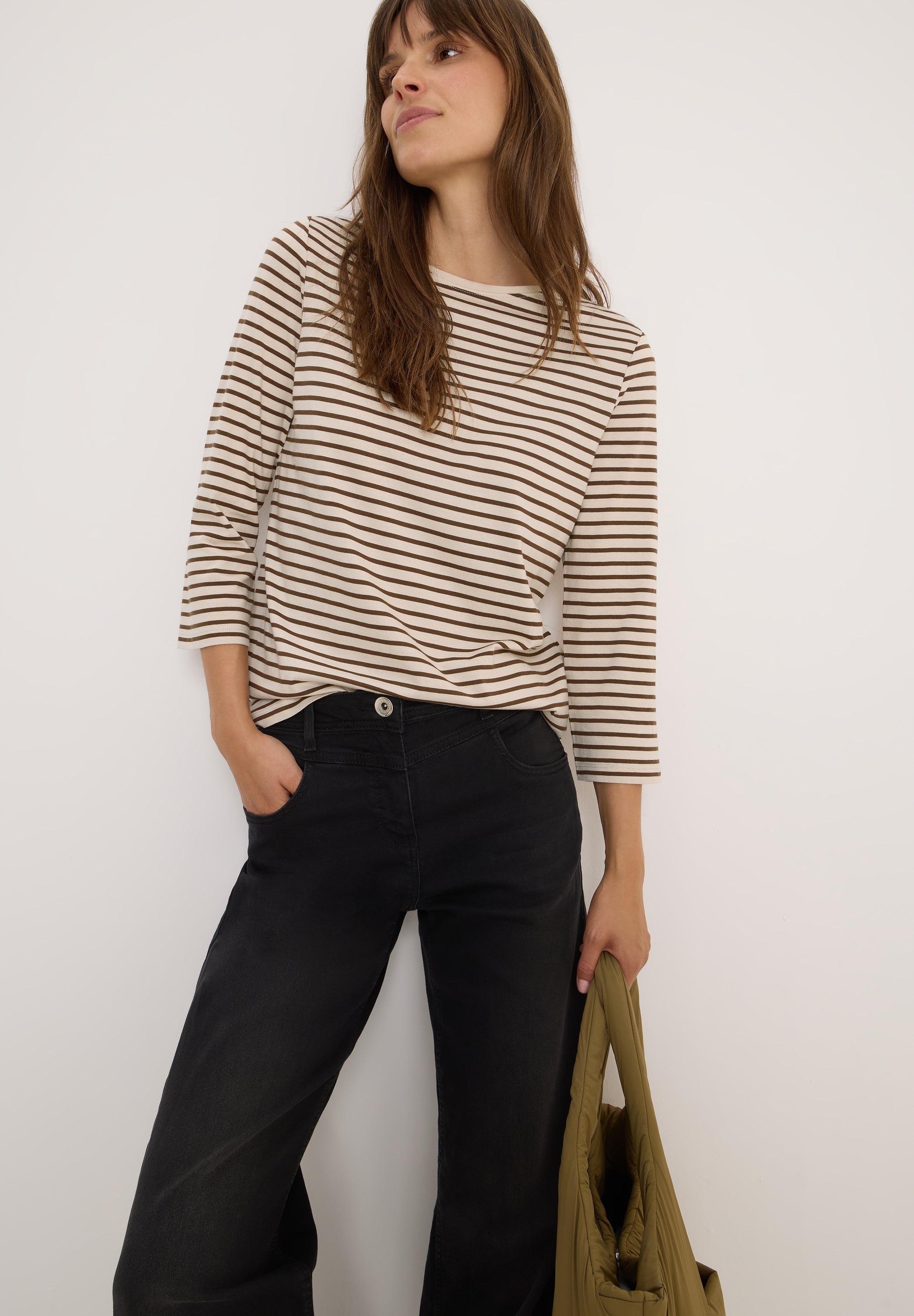 Langarmshirt gestreift aus Baumwollmix - 26983 oat milk beige - Beige
