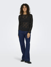 Langarmshirt mit Spitzen-Details - Black - Schwarz