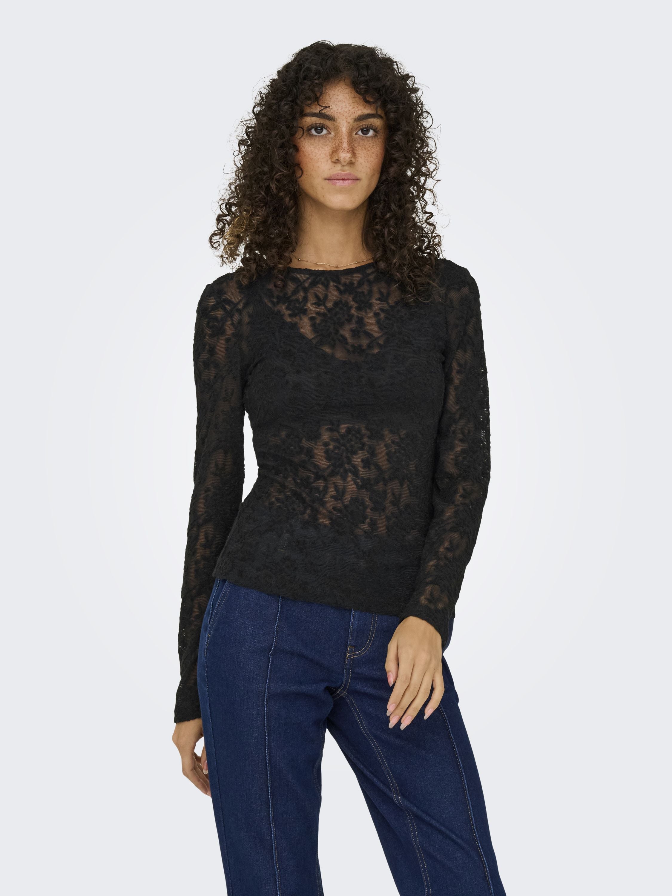 Langarmshirt mit Spitzen-Details - Black - Schwarz