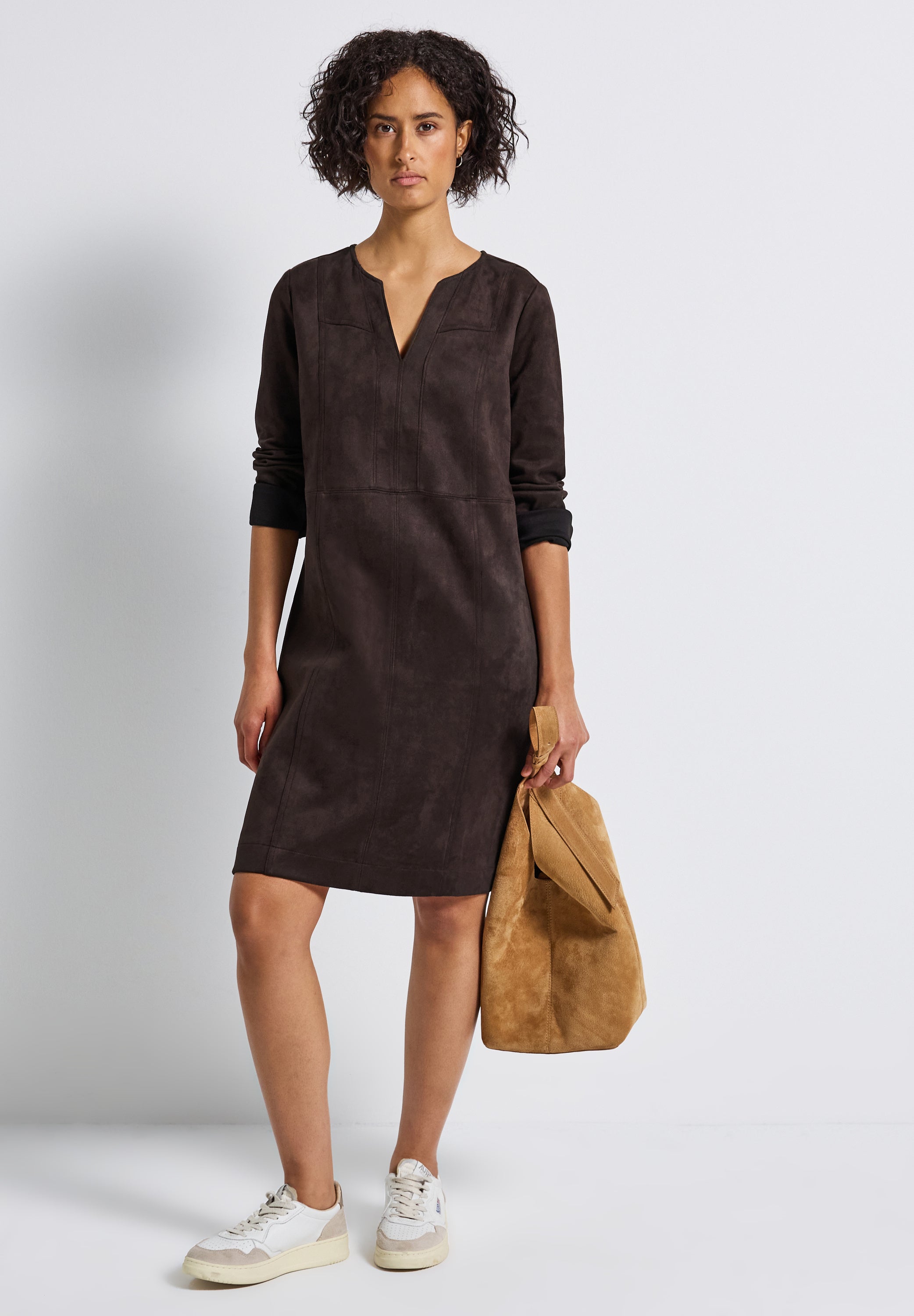 Velourskleid Midi mit V-Ausschnitt - 16866-deep roast brown - Braun
