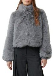 Fake-Fur-Jacke mit Stehkragen - 9505-GREY/BLACK - Grau