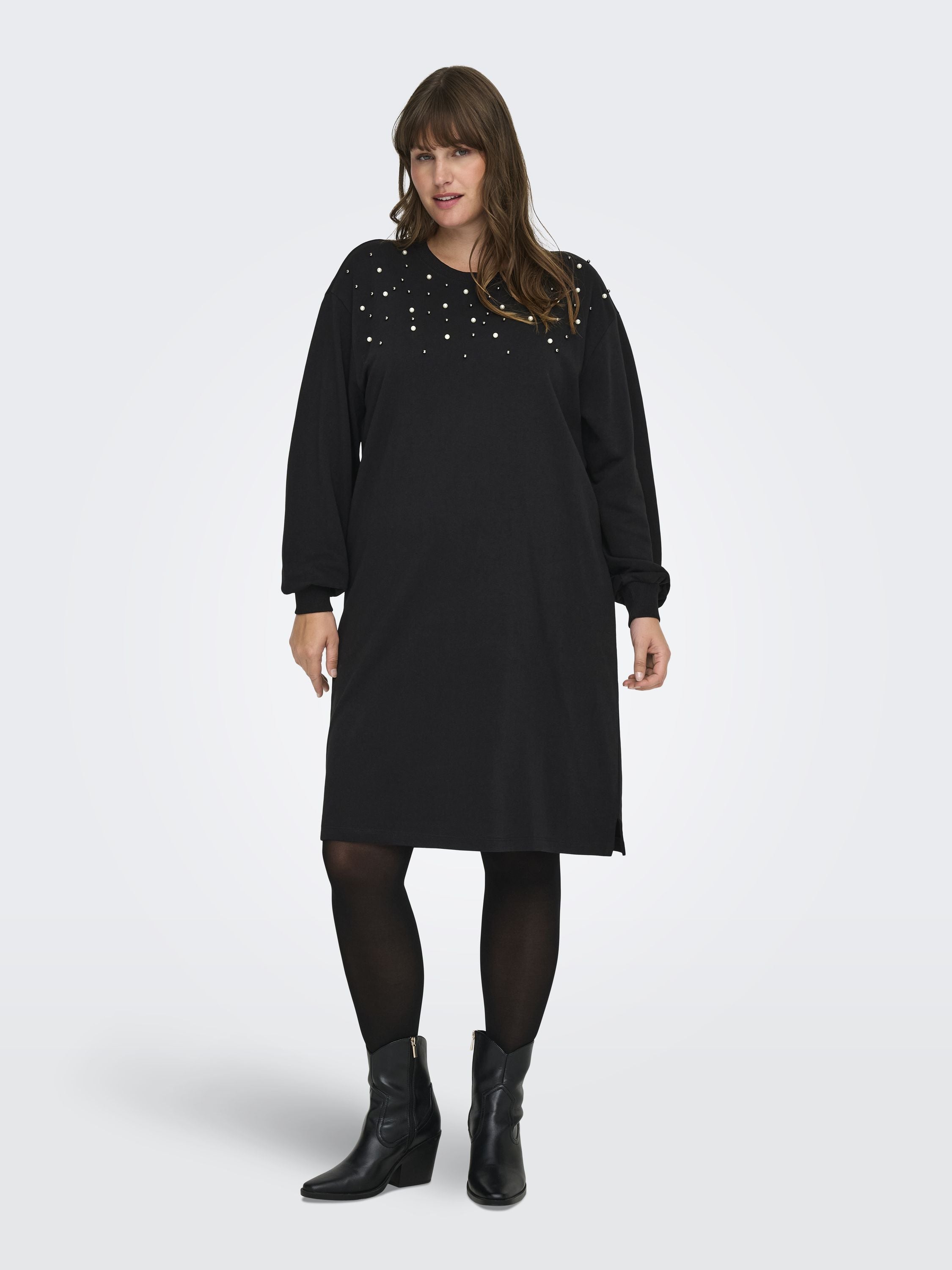 Sweatshirtkleid Midi aus Baumwollmix - Black/Pearl neck - Schwarz