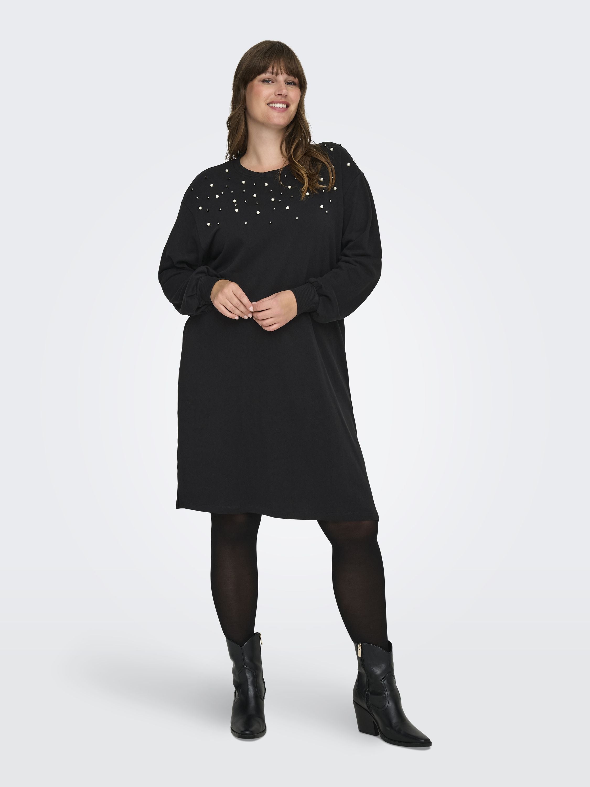 Sweatshirtkleid Midi aus Baumwollmix - Black/Pearl neck - Schwarz