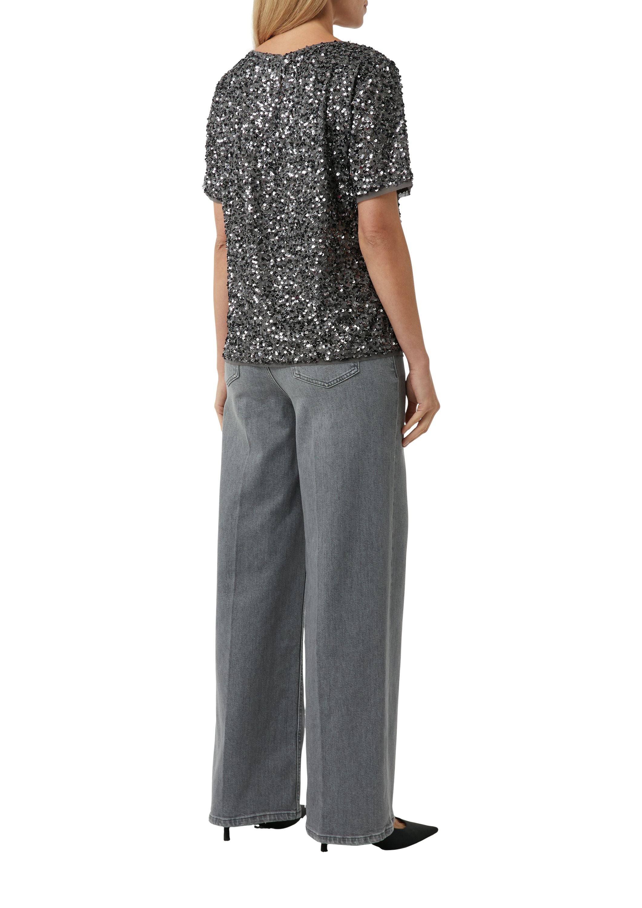 Paillettenbluse mit U-Boot-Ausschntt - 95L9-GREY/BLACK - Silber