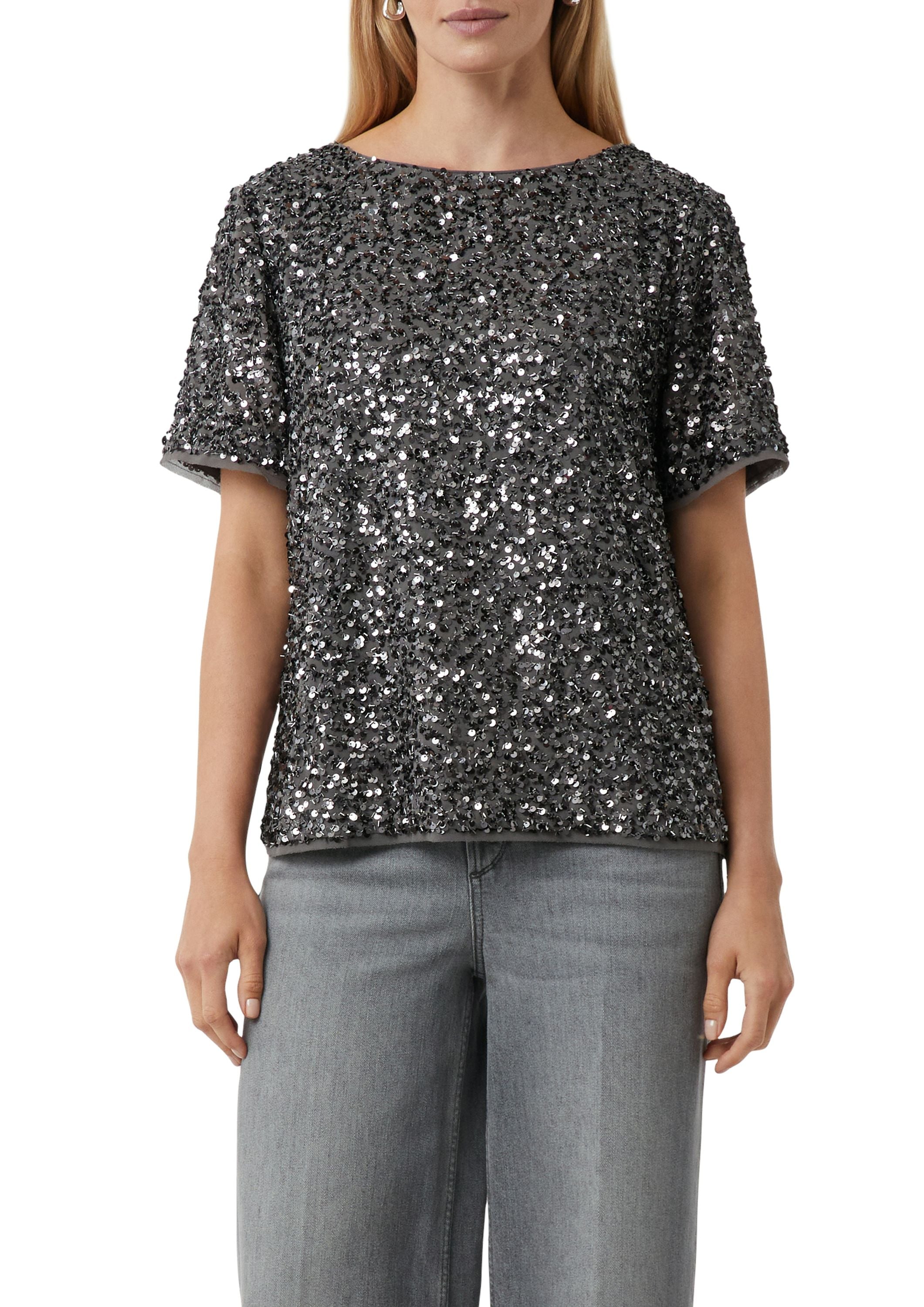 Paillettenbluse mit U-Boot-Ausschntt - 95L9-GREY/BLACK - Silber