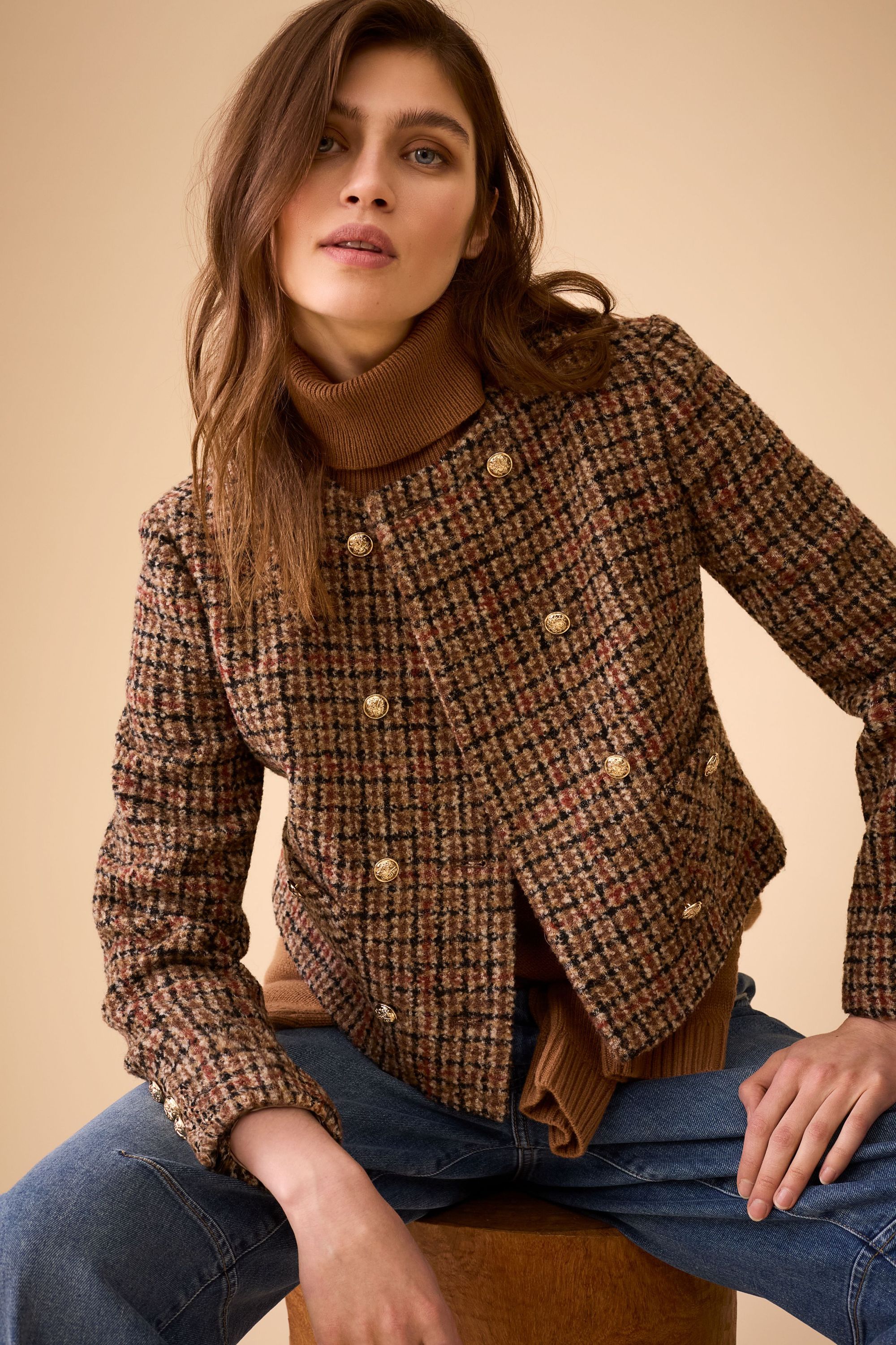 Jacke mit goldenen Knöpfen - 0779-dk camel black - Braun
