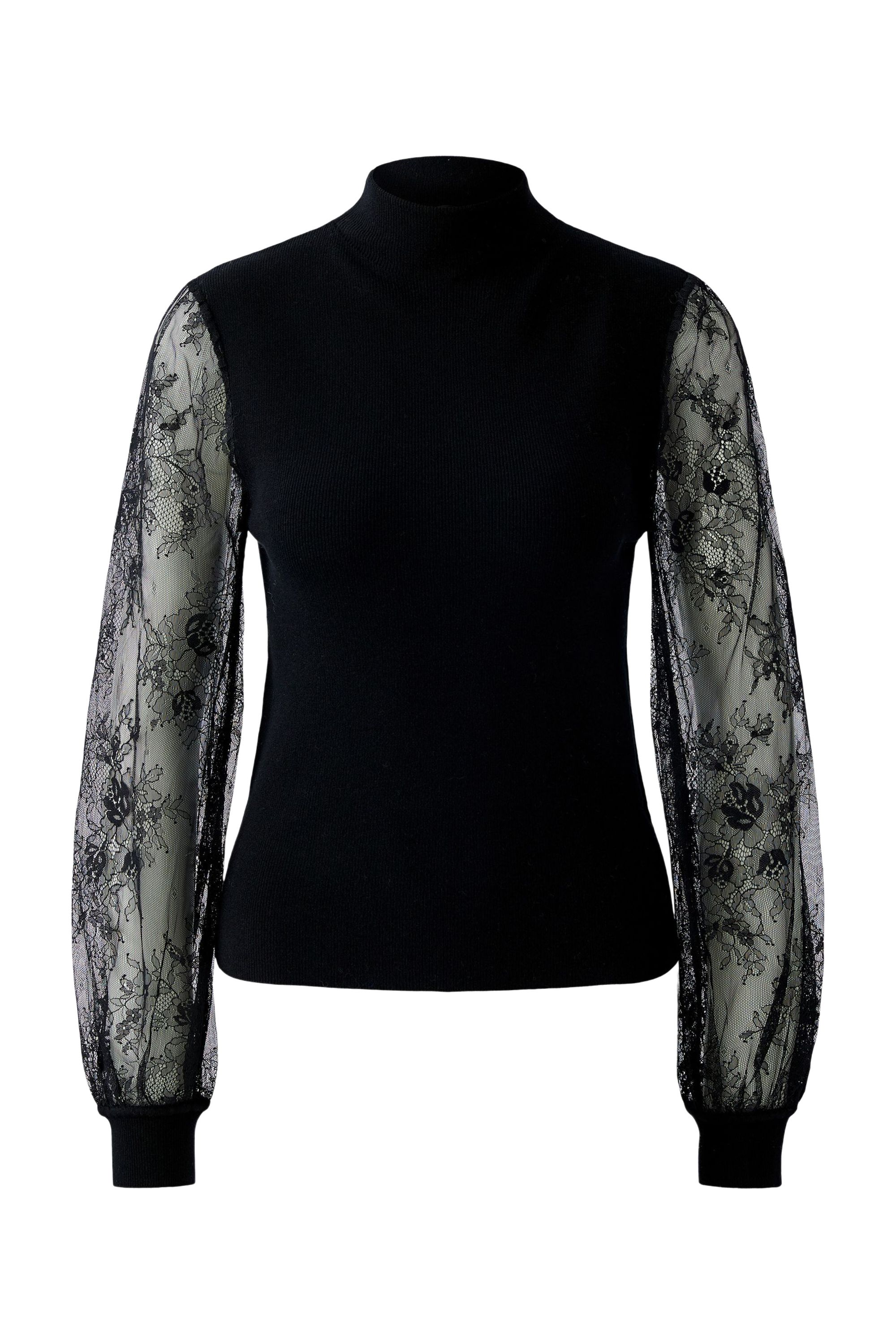 Strickpullover mit Ballonärmel aus Spitze - 9990-black - Schwarz