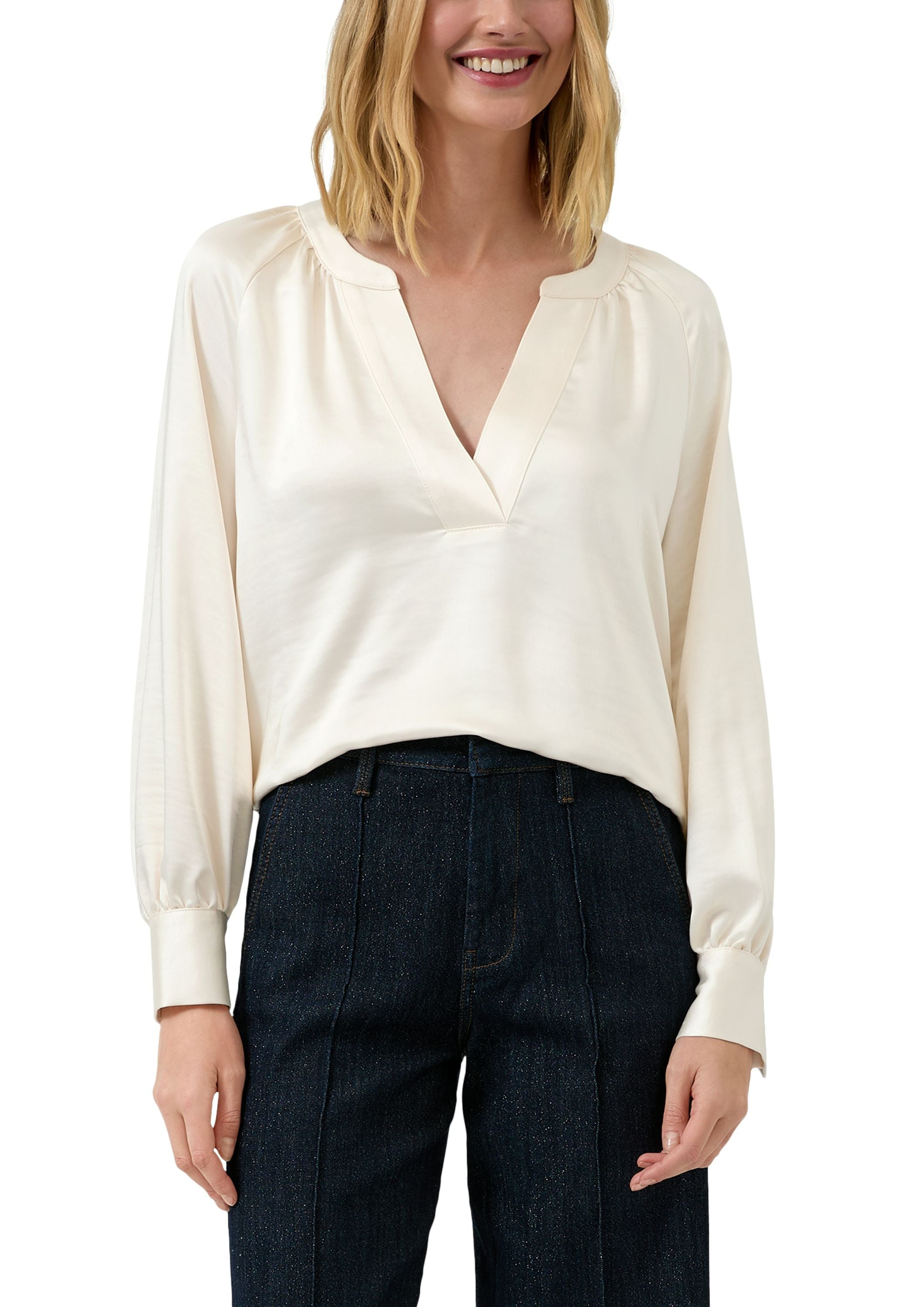 Satinbluse mit V-Ausschnitt - 0402-WHITE - Creme