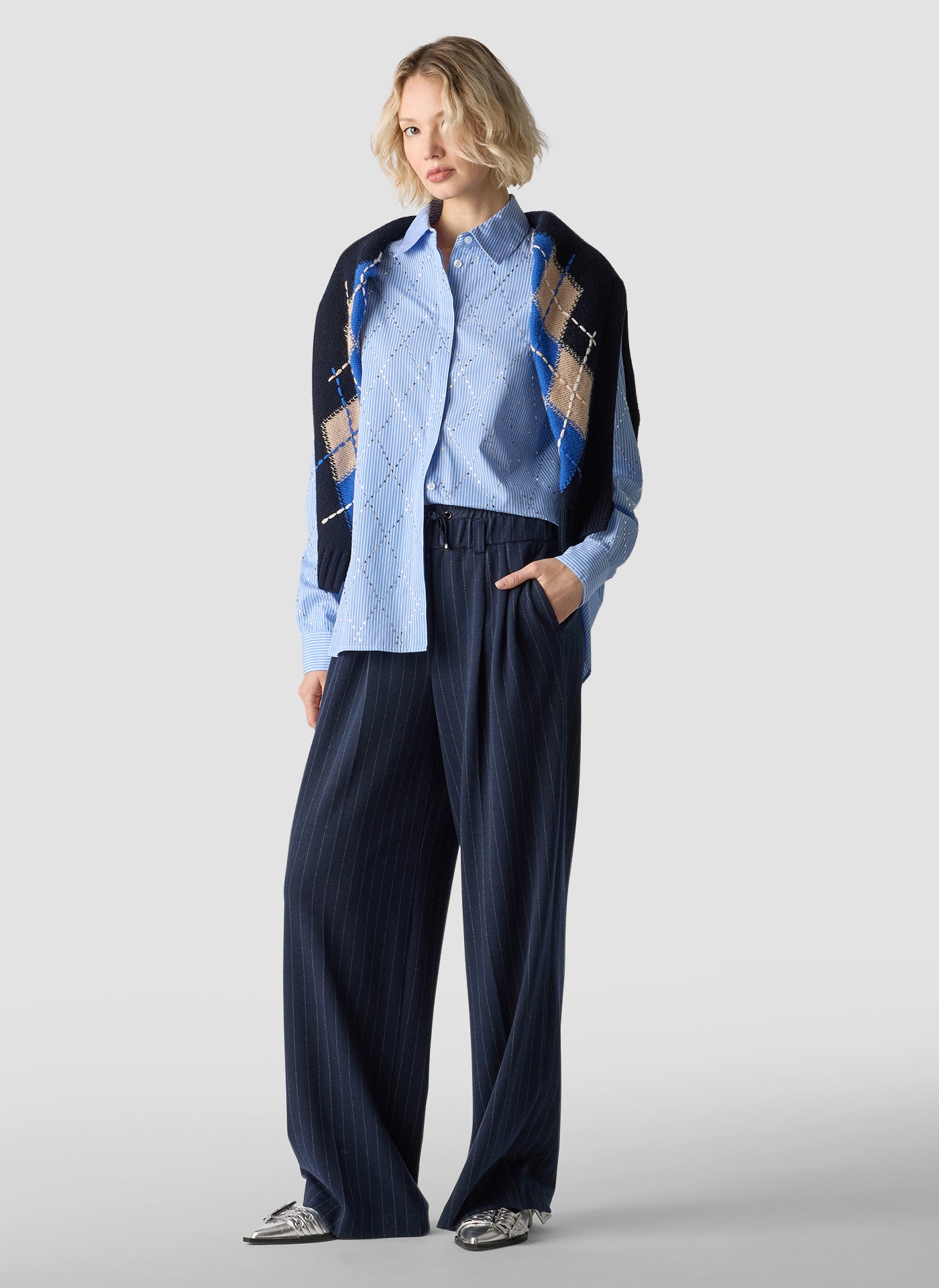 Bluse gestreift mit Strass-Details - 5332-Saphirblau - Blau