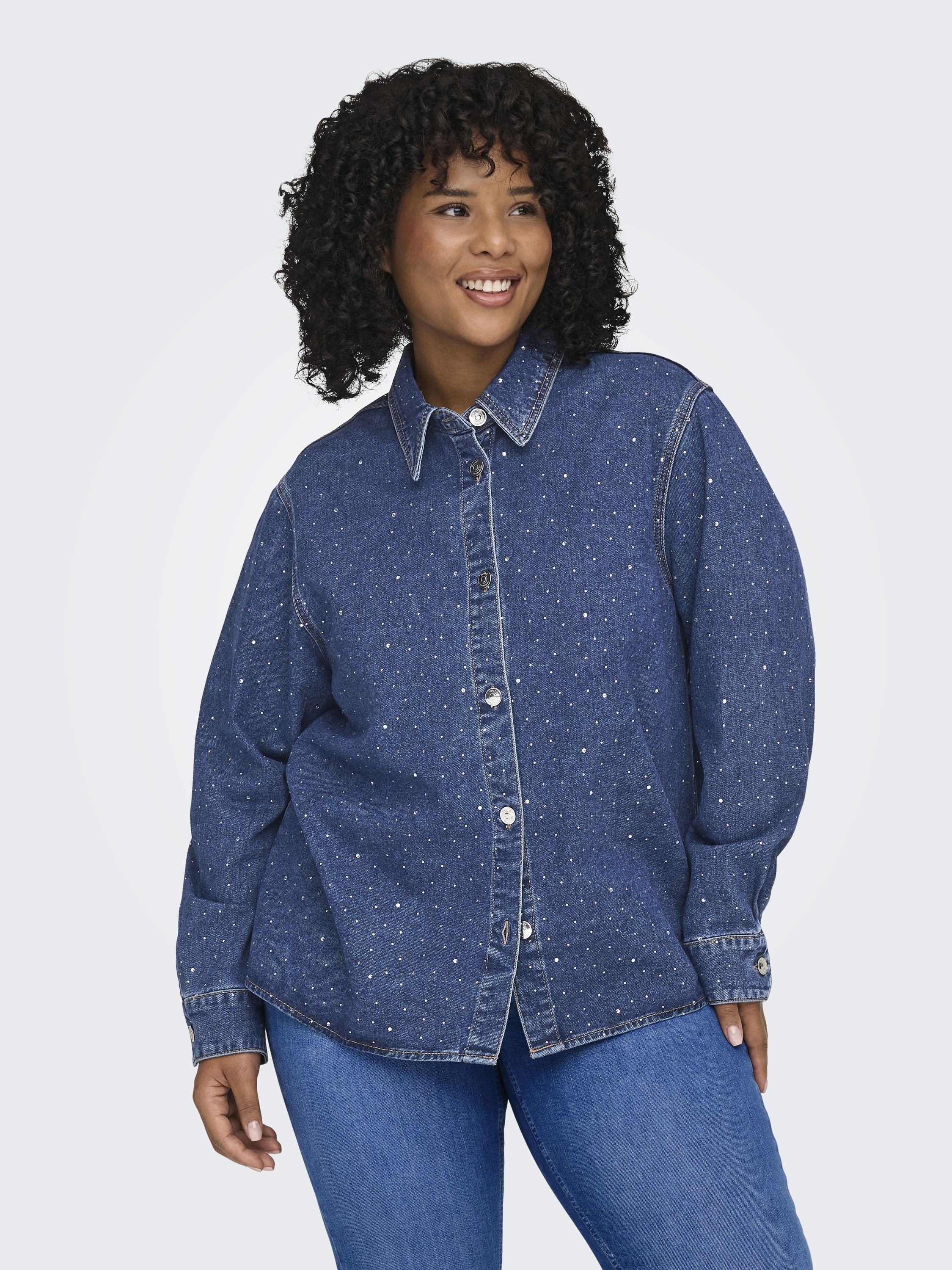 Jeansjacke mit Strasssteinen - Medium Blue Denim/RHINESTONES - Blau